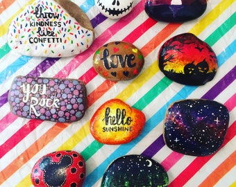 Painted rocks, pebbles and stones, perfect for wedding place names or stocking filler- Slogans, words, scenes, or custom painted to order
