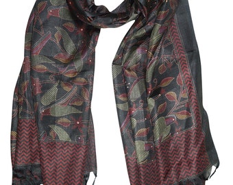 Black Silk Blend Scarves Hair Scarf Shawl Yoga Wear Printed Long Wraps Stole