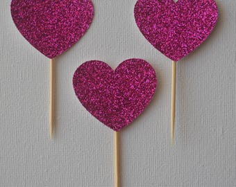 Pack of 10 ~ glitter heart cupcake / treat toppers