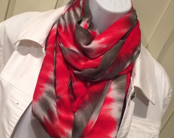 Tye dye scarf, hand dyed infinity scarf, tie dyed infinity scarf, red and pewter infinity scarf