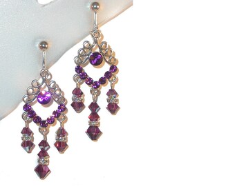 AMETHYST PURPLE Crystal Chandelier Earrings Swarovski Elements Silver Prom