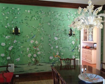 Chinoiserie handpainted wallpaper on emerald green silk custom size available