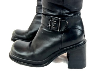 90's 9 West Chunky Platform Block heel Black Leather buckle boots 8 8.5
