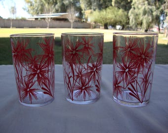 Set Of 3 Vintage Kraft Swanky Swig Juice Glasses Red Flowers
