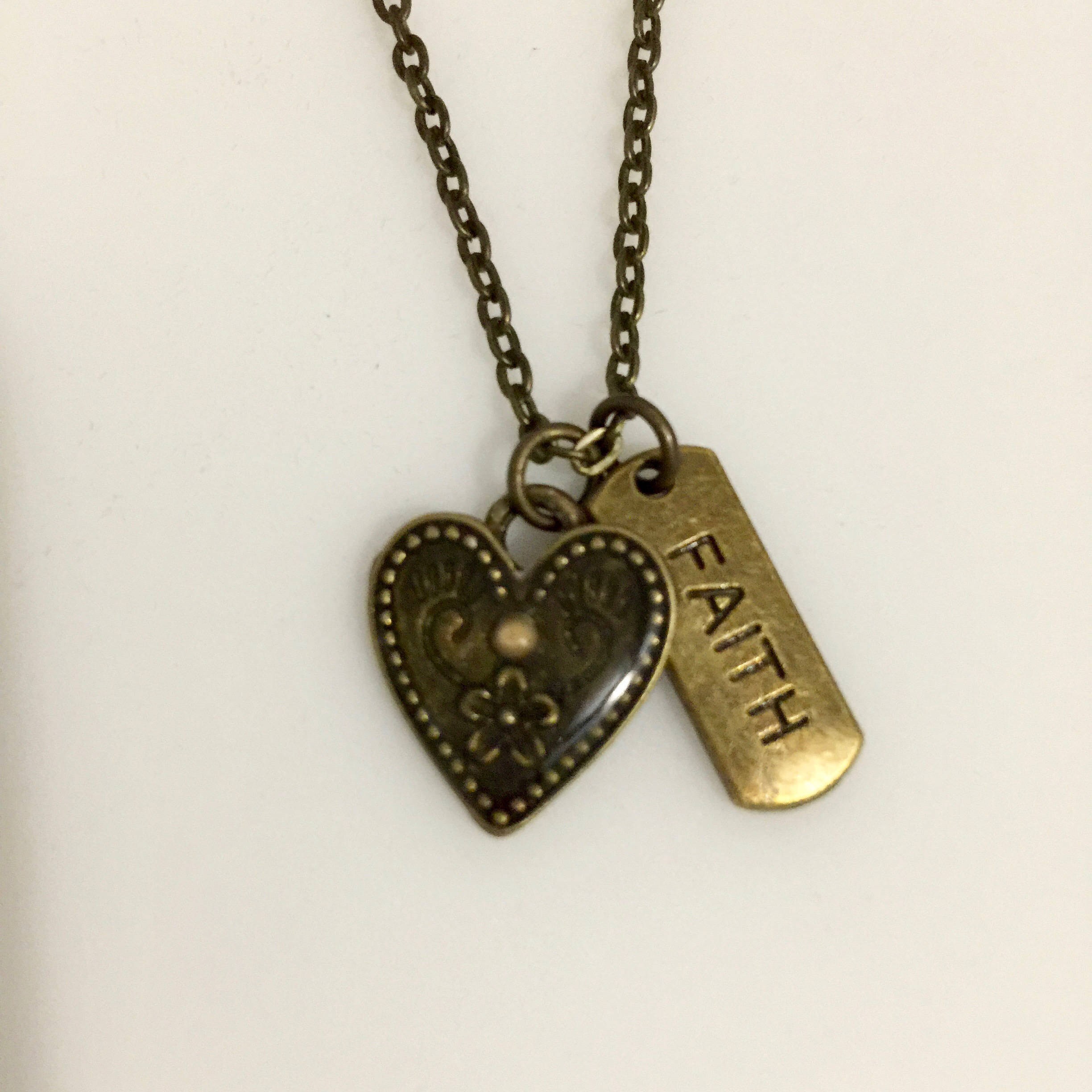 Mustard seed necklace, Heart charm pendant in antique bronze with