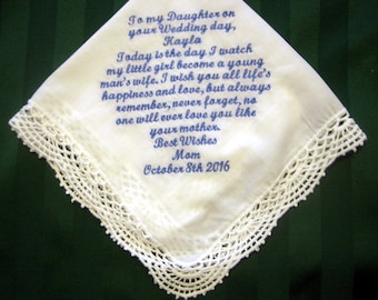 Bridal Handkerchief from Mother to Daughter, Something blue, wedding hankie,wedding gift 207S