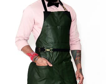 No-Tie Apron - Coated Army Green Twill - Black Leather - Split-Leg