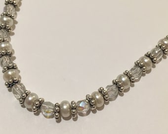 Swarovski Crystal, Freshwater Pearl, and Sterling Silver Necklace