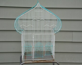 Bird Cage vintage turquoise blue and white metal bird cage no bottom 28" tall back porch patio front porch garden wedding venue photo prop