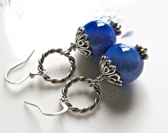 Reclaimed Vintage Earrings, Pierced, Opaque Glass, Silver Filigree, Braided Silver, 12 mm, Blue, Periwinkle, Jennifer Jones, OOAK, Blue Moon