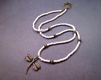 Rhinestone Dragonfly Necklace, White Wood and Glass Beaded Necklace, Brass Pendant Necklace, FREE Shipping U.S.
