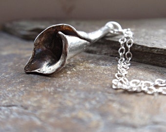 Sterling silver lily necklace - sterling silver necklace with calla lily, silver flower necklace.