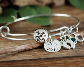 Mama Bear Bracelet, Personalized Birthstone Bracelet, Mama Charm Bracelet, Personalized Mama Bear Jewelry, Christmas Gift, Established Mom