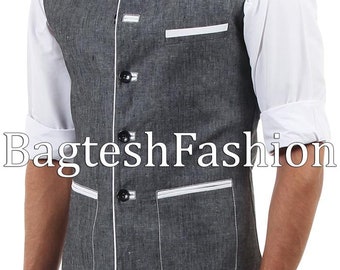 Handmade Mens Traditional Nehru Collar Jacket Sleeveless Linen Waistcoat