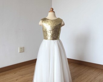 Floor-length Light Gold Sequin Ivory Tulle Flower Girl Dress 2017