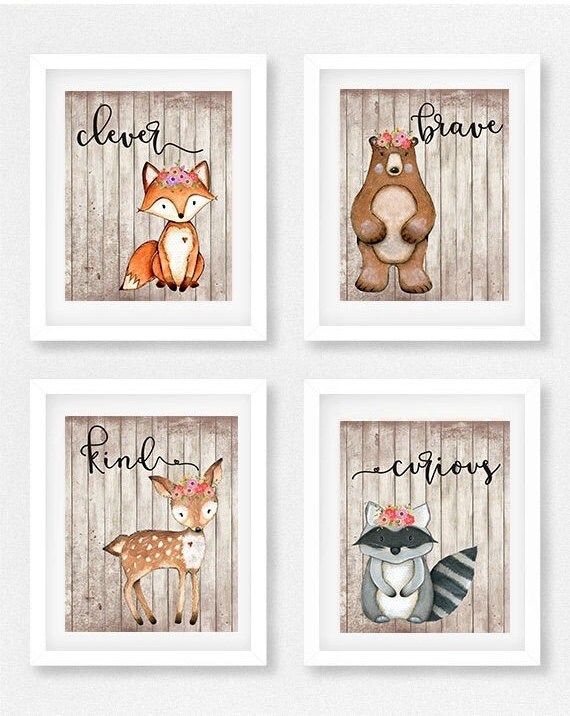 Woodland animal nursery set of 4 Girls room Fox picture