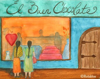 Proceeds Benefit Animal Rescue - Retablo Folk Art Retablo - Watercolor, Chocolate and Friendship, Orange and Blues, Ladies Shopping