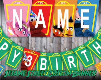 Personalized Sesame Street Birthday Banner, Elmo, Abby, Big Bird, Grouch, Burt Ernie, Abby, Cookie Monster, Bunting Banner, You Print