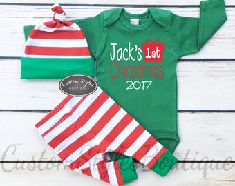 Baby Boys First Christmas Outfit,Customized Name,Red and White Striped Leggings And Hat With Green Cuffs,Baby Boys Christmas Outfit