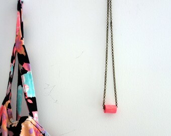 Brass necklace | pink bead, handmade, wood, recycle
