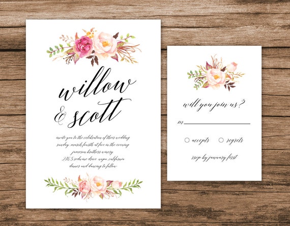 Rustic Wedding Invitation Watercolor Floral Wedding