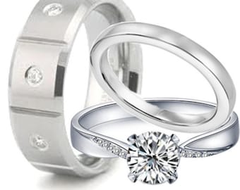 3 piece Sterling Silver & Stainless Steel Engagement Rings Wedding Ring Set