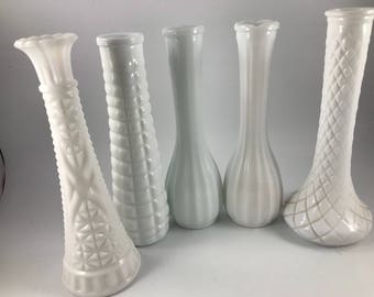 Lot of Five Vintage White Milkglass/Milk Glass Bud Vases Wedding Decor