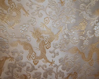 Chinese Brocade Dragons White / Gold Fabric