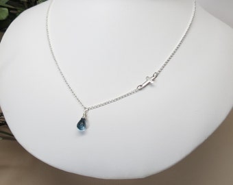 Birthstone Necklace With Sideways Cross, Custom Birthstone Necklace, 16-20 Inches Length, Sterling Silver Necklace, Keira's Crystal Creation