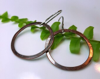 Copper & Sterling Hoop Earrings, Distressed Rustic Boho Jewelry, Hammered, Bohemian Minimalist, Copper Circle Earrings, Relic Rustic Hoops