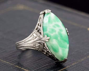Antique Vintage Art Deco Ring, Sterling Silver Ring, Chinese Filigree Peking Glass Ring Size 4.5