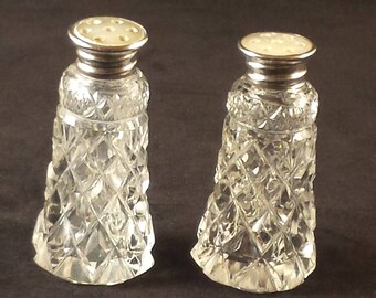 Vintage crystal salt and pepper, sterling silver lids, mother of pearl button tops, round base, gifts for her, cut crystal, silverware,
