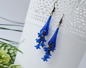 Blue Trumpet Flower Earrings, Blue Dangle Cascading Flower Earrings, Nature Inspired Lucite Flower Earrings