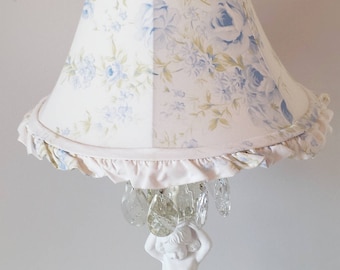 Rachel Ashwell Lamp Shade Blue British Rose Pattern 9" High Ruffled White Cotton Shabby Chic Romantic Cottage French Farmhouse Style Decor