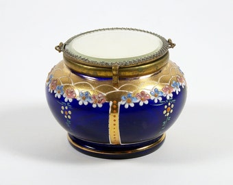 Vintage Enameled Glass Trinket Box Powder Jar Mirrored Lid Flowers on Cobalt