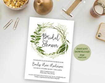 4x6 Editable Bridal Shower Invitation, Printable Template (Emily), Instant Download, Editable Text, Greenery, Garden Foliage Wreath Invite