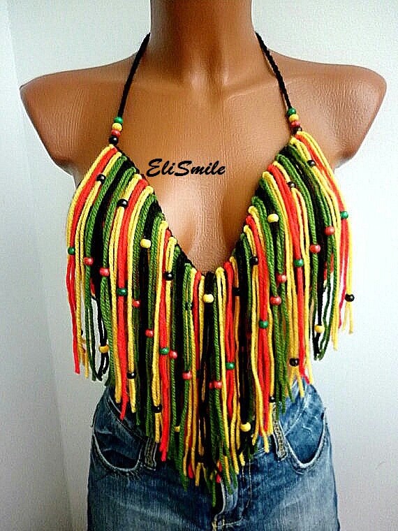 Sexy Rasta Crochet Crop Top Boho Hippie Fringed Rasta Beads