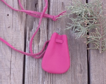 Pink leather crystal bag , Pink medicine bag , Pink leather neck pouch