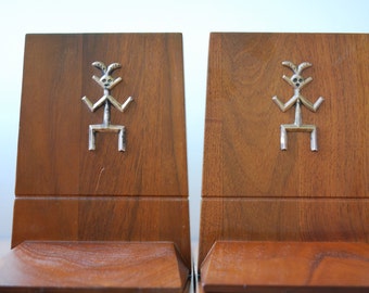 Vintage Pair of Solid Teak Bookends with Brass Tribal Figures - Mid Century Modern - Abstract - Minimalist