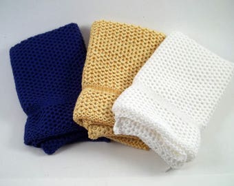 Dishcloths Knit in Cotton in Royal Blue, White and Gold/Yellow/Bright Yellow, Knit Washcloths, Cotton, Dish Cloth, Wash Cloth