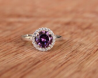 Amethyst Silver Ring, Engagement Ring, Gift for Her, Purple Ring Gift, Amethyst Solitaire, Purple Halo Ring, Purple Crystal Ring,