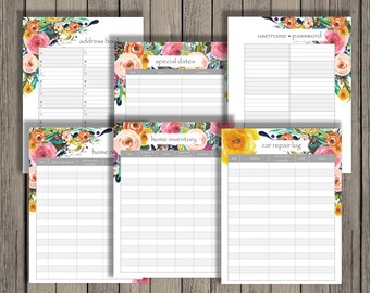 Informational Set: Address book printable, username password printable, birthday anniversary, appliance inventory, home and car repair log.