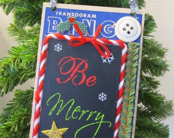 Vintage Christmas Be Merry Ribbon Altered Bingo Card Holiday Decoration Door Hanger Ornament Retro Accent