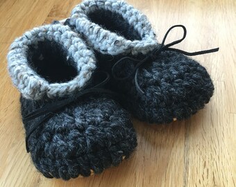 Charcoal and Grey Loafer Slipper, Bootie Soft Sole Shoe Summer Crochet Baby Slipper Shower Gift Baby Gift Leather Sole