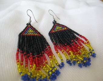 Vintage 1980's Hand Made Native American Beaded Long Chandelier Earrings for Pierced Ears