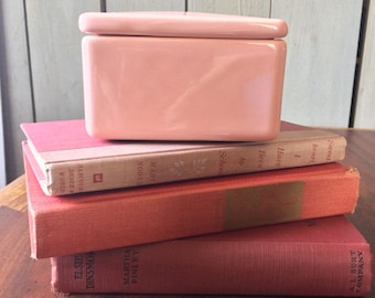 Pink Trinket Box Square Ceramic Dressing Table Vanity Stash Vintage 1950s