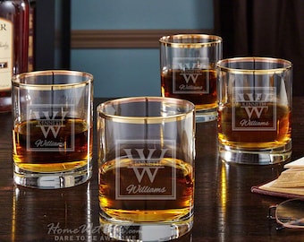 Gold Rim Engraved Whiskey Glasses with Oakhill Design Set of 4 - Handsome Personalized Whiskey Glasses for Mixed Drinks or Any Liquor