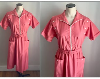 Vintage 1980s Coral Pink Willi California Short Sleeve Shirt Dress Small 4 6