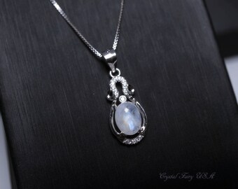 Sterling Silver Rainbow Moonstone Necklace, Moonstone Jewelry Tiny Moonstone Pendant Delicate Yoga Crystal Healing Necklace