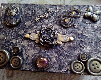 Altered wooden box, black, gold, mixed media, treasures box, keepsake box, jewelry box, handmde box, gift for her, storage decorative box